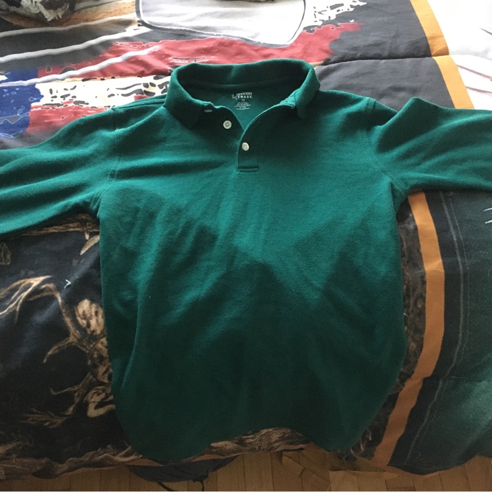 Long sleeve boys polo collared shirt. Dark green.